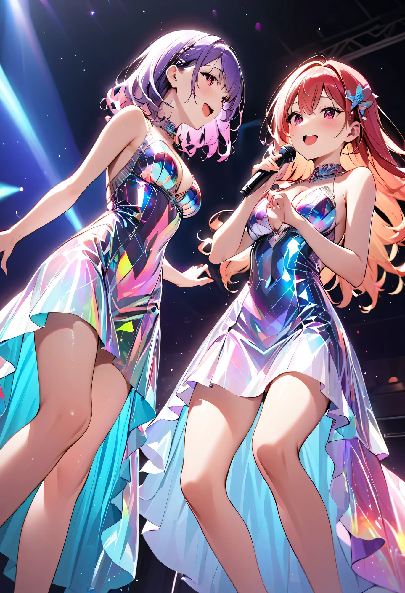 best quality 、 high resolution、( HD:1.2)、masterpiece、 detailed background、 beautiful face in every detail 、 detailed color、 detailed expressions 、 anatomically correct 、(Normal number of fingers:1.4)、age beauty、 big size、 perfect body line、 the hair color with a flashy color 、 stockings 、 big smile when looking back、 excitement 、 IDOL STYLE 、 shows off her side、 emphasizes cleavage when you're tired from running、(Two beautiful girls in hologram laser dresses singing and dancing on stage:1.5)、( close-up from below:1.5)、Bright and pop colours、 Frills and Laces 、Sleeves and hems of clothing、Frills and Laces are attached to collars etc.、Motifs such as hearts、Hair accessories and ribbons、 panty shot 、 is cute
