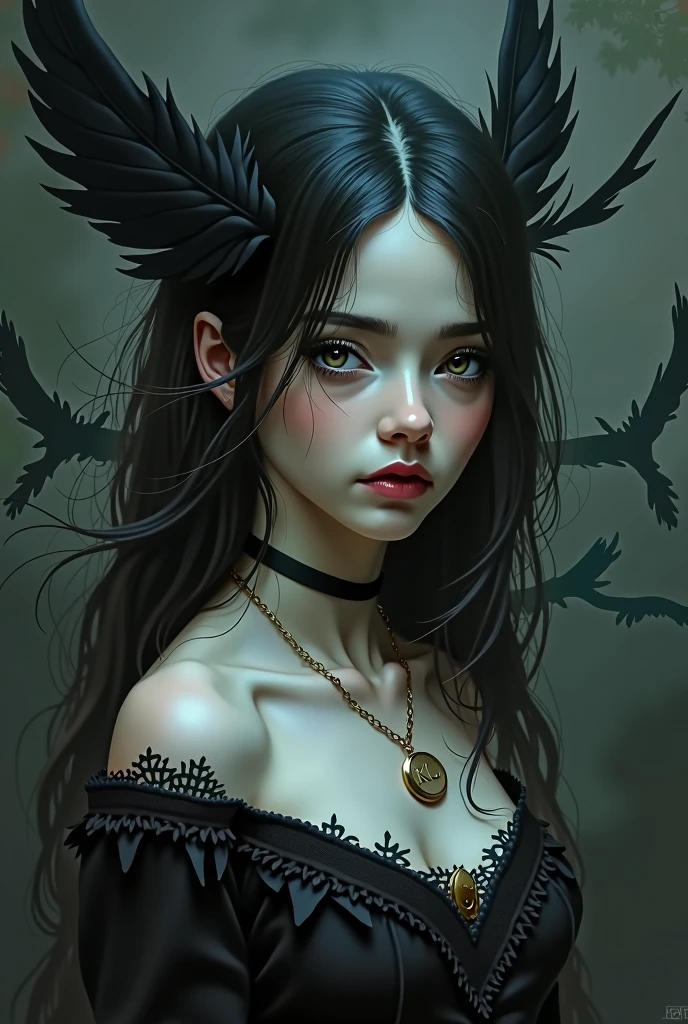 Dark angelic woman with black wings, black makeup, dark background, creepy, horror, cinematic