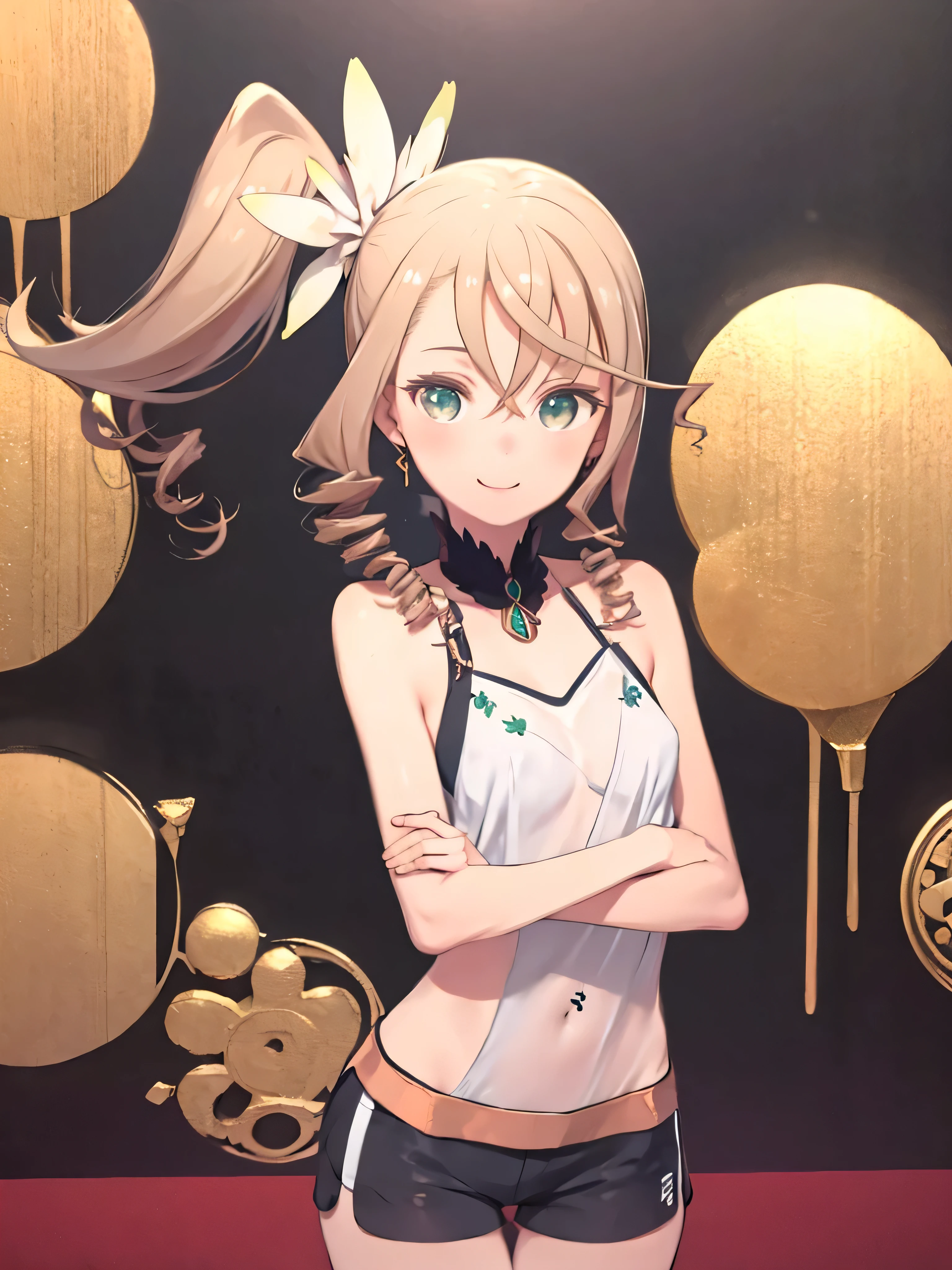 one woman、Alisha Diphda、 side ponytail、 drill hair、 shorts、smile、Blonde、sexy panties、 see-through camisole 、 sheer clothes、Thigh Gap、 upper body