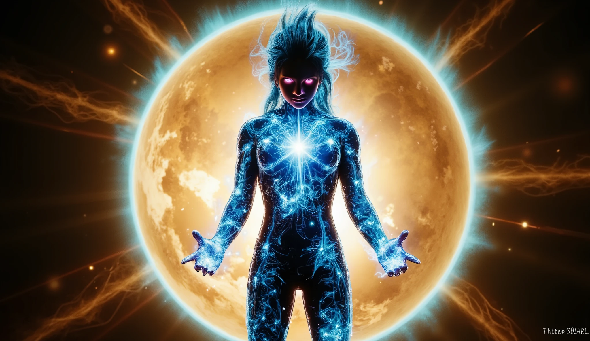 Ultra realistic illustration Realistic photo, 4K, dragon_ball . C2RC . dark aura on . whole body. sexy super sayajin girl, purple glowing eyes, long glowing blue hair, Hair stands up , dark aura on, surrounded by yellow supersiyan aura . she is wearing a transparent glass combat suit. Underneath she is naked . floats in space in front of a planet. fighting stance