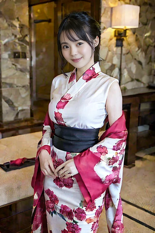 top-quality、Top image quality、masterpiece、fully body photo、25 years old women, governess、Dark brown wavy middle hair、bangss、((Red kimono、golden embroidery))、 ((no-bra、Puffy nipple、))、soft boob、breasts of medium size,、Kamimei、 Shy laughter、luxury hotel room、Lying on the floor、Show your ass、((Grasp your breasts with both hands over your clothes、Touching the crotch))