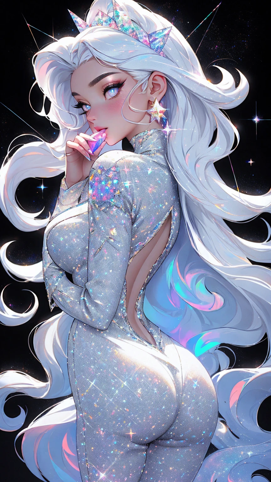 best quality, 32k, RAW photo, incredibly absurdres, extremely detailed, delicate texture, platinum-silver messy wavy medium hair, side braided, beautiful woman, shining blue big eyes, amorous and lewd expression, happy, shy, wearing iridescent white-based loose cute girly knit fashion, superlative body proportion, background fine stained glass kaleidoscope with a retro feel, iridescent pastel colour, wind