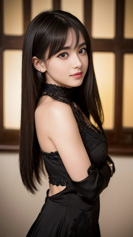 Beautiful black-haired Latina type girl with brown eyes and long hair in elegant black dress close-up on face professional photo session in a photo studio