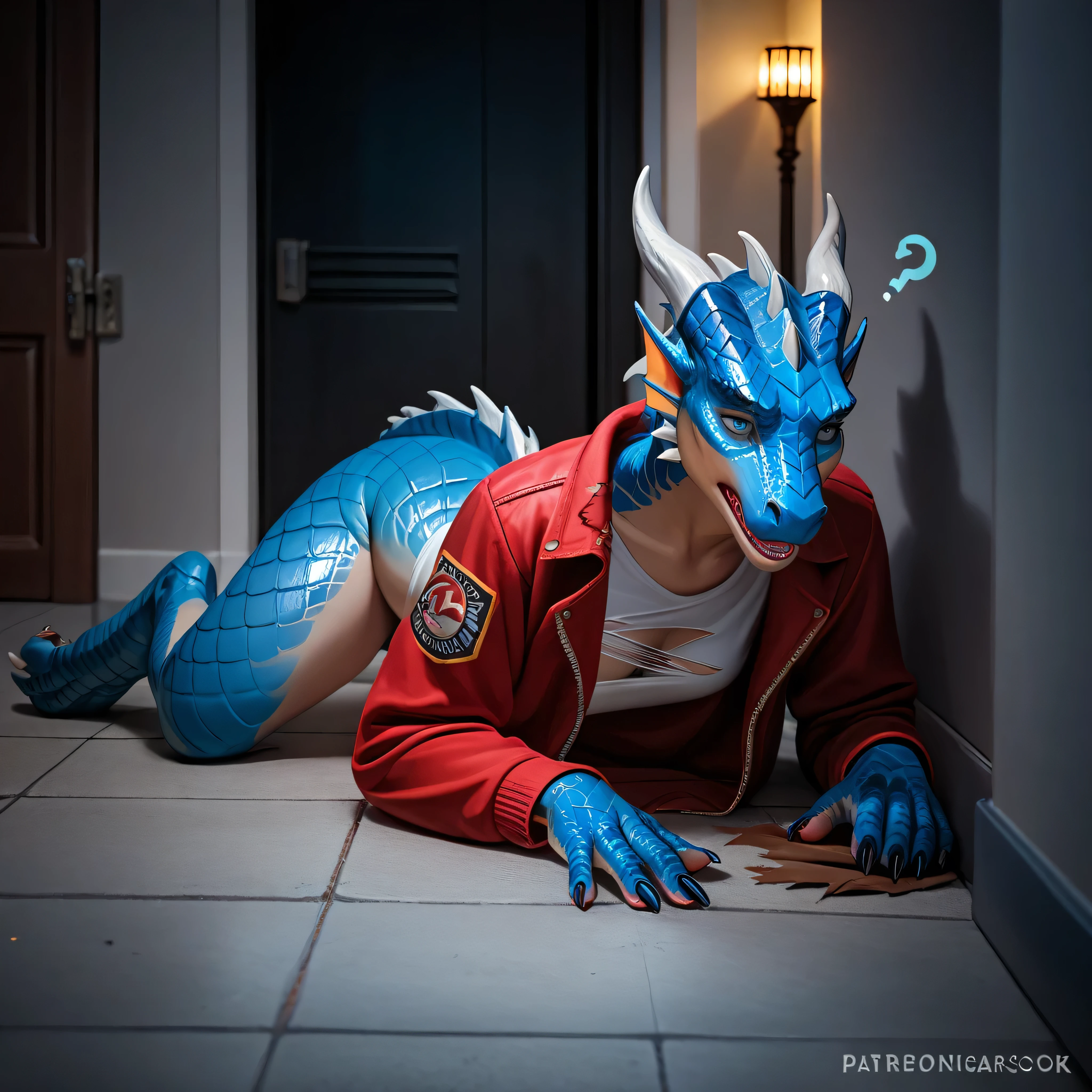 Dragon mid transformation, human, female, detailed gradient scales, blue eyes, looks at floor, heavy breathing, [gradually orange scales, blue scales], in pain, confused, torn casual clothes, in corner, street, night, darkness, realistic, super realistic, photo, 4k, 8k, ultra detailed, masterpiece,
