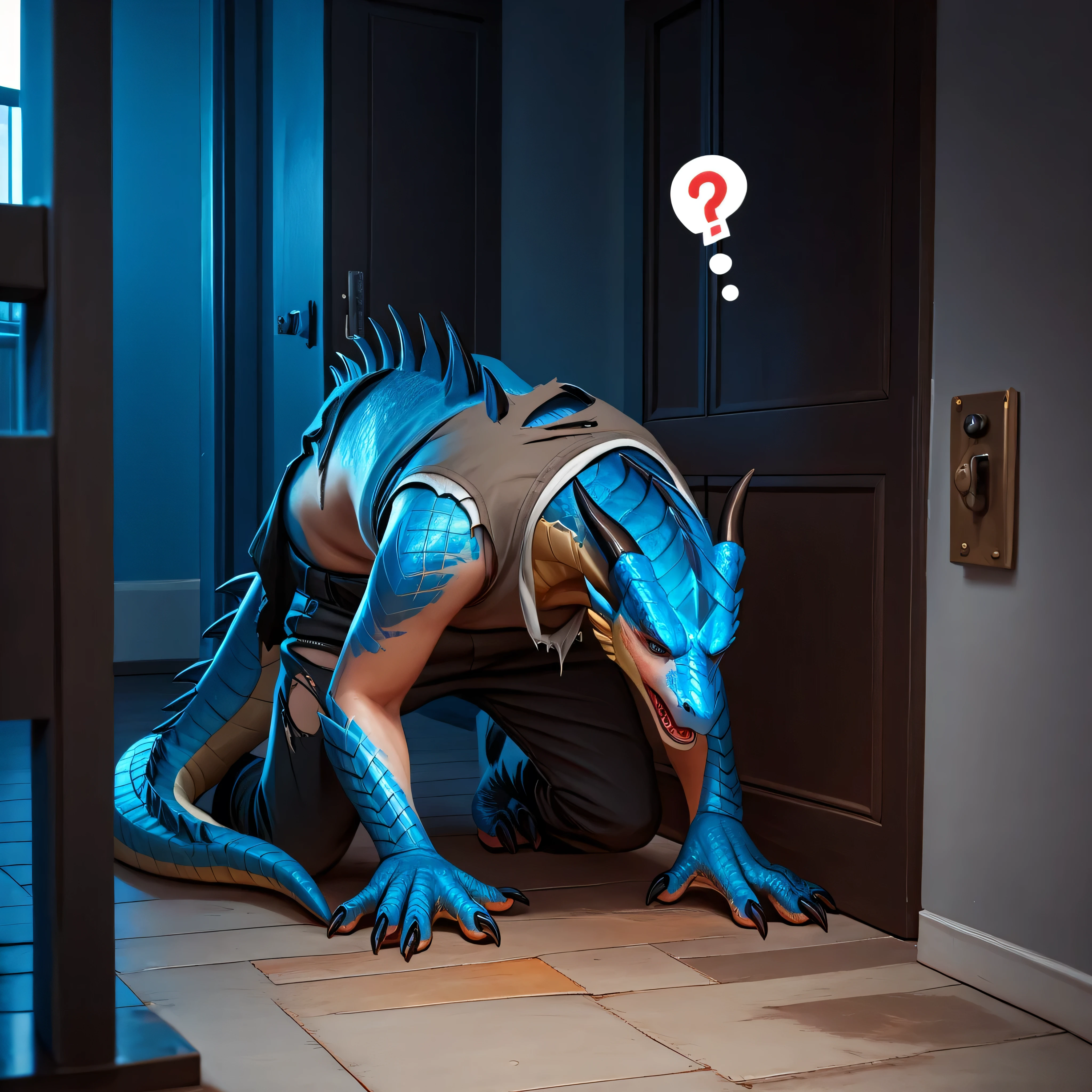 Dragon mid transformation, human, female, detailed gradient scales, blue eyes, looks at floor, heavy breathing, [gradually orange scales, blue scales], in pain, confused, torn casual clothes, in corner, street, night, darkness, realistic, super realistic, photo, 4k, 8k, ultra detailed, masterpiece,