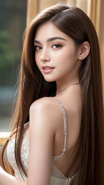 table top, highest quality, realistic, Super detailed, finely, High resolution, 8k wallpaper, 1 beautiful woman,, Light brown long hair,wearing a bikini, sharp focus, perfect dynamic composition, beautiful and detailed eyes, thin hair, Detailed realistic skin texture, smile, model body shape,whole body