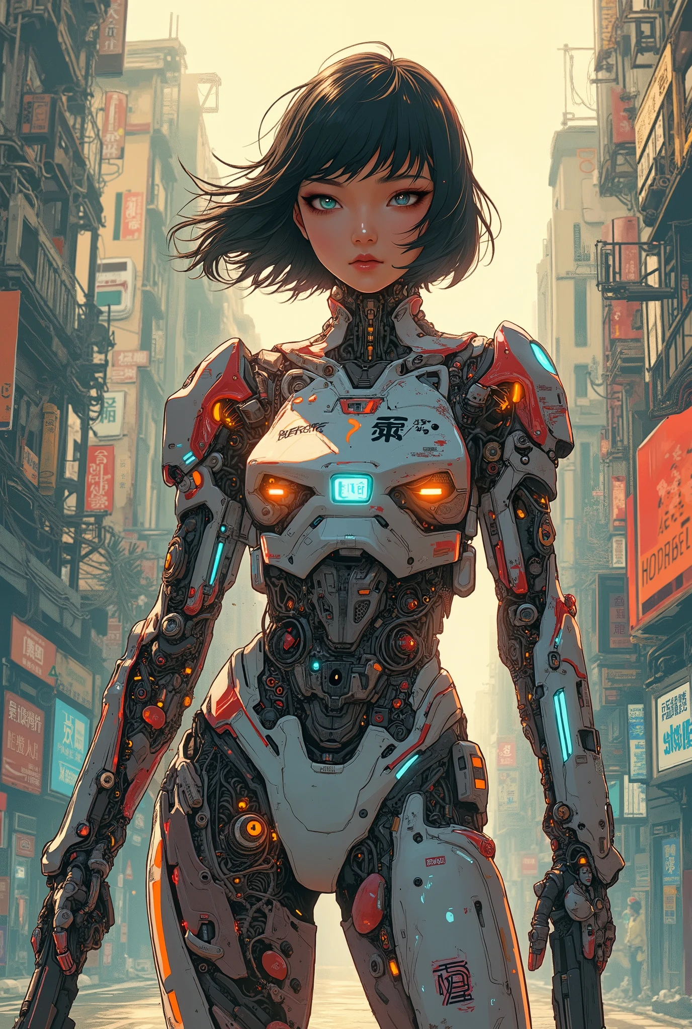 ((anime art style (((magazine cover))) illustration) of (perfect Asian cyborg girl wearing a extremely intricate cybernetic plug suit and holding a rifle))、((Japanese text)),(Machine Body), ((LED lights)), (((dynamic pose))), warm colours, perfect features, abstract beauty, near perfection, Pure Form, concept art, intricate detail, 8k post-production, High resolution, super Detail, trending on ArtStation, sharp focus, black very short hair, Cinema Art Style,Cinematic Lighting, standing in Cyberpunk street、A strong wind is blowing、cyber punk、nsfw:1.2、((Exposed internal machinery))、((Machine arms and legs))、Beautiful fashion model、Cute Japanese Girl、 double eyelid、(round face)、 mouth slightly open、Cute idol high school girl face、Beautiful face in mid-s、Energetic Young Gravure Idol, Beautiful Japanese girl face, Cute seductive smile, Japanese Model, Beautiful Asian Girl, Girl cute beautiful face.