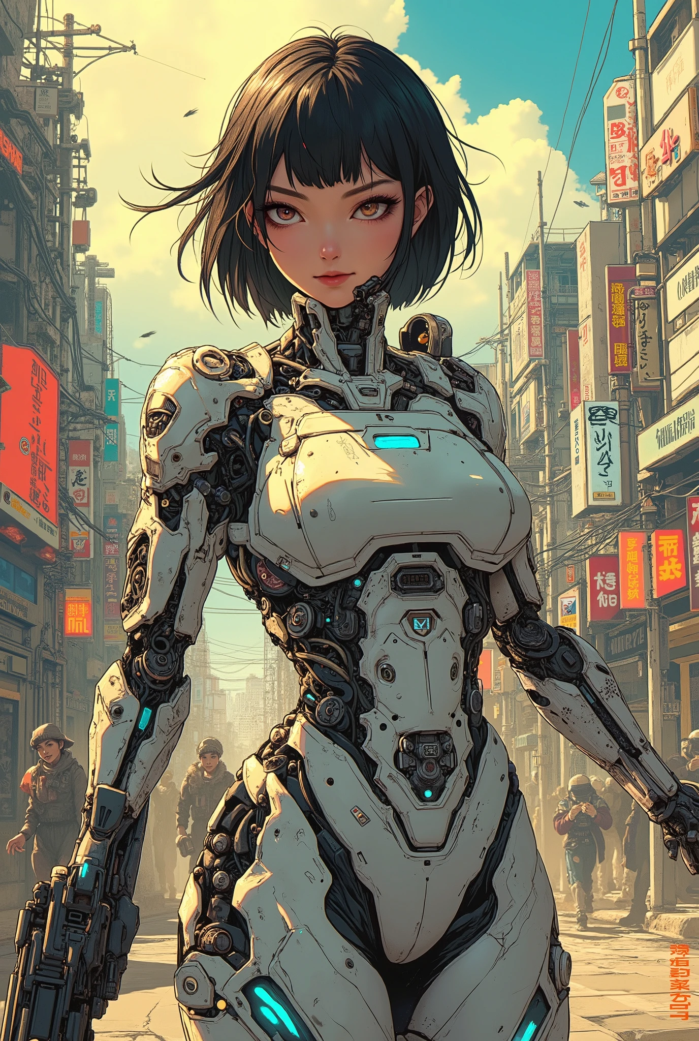 ((anime art style (((magazine cover))) illustration) of (perfect Asian cyborg girl wearing a extremely intricate cybernetic plug suit and holding a rifle))、((Japanese text)),(Machine Body), ((LED lights)), (((dynamic pose))), warm colours, perfect features, abstract beauty, near perfection, Pure Form, concept art, intricate detail, 8k post-production, High resolution, super Detail, trending on ArtStation, sharp focus, black very short hair, Cinema Art Style,Cinematic Lighting, standing in Cyberpunk street、A strong wind is blowing、cyber punk、nsfw:1.2、((Exposed internal machinery))、((Machine arms and legs))、Beautiful fashion model、Cute Japanese Girl、 double eyelid、(round face)、 mouth slightly open、Cute idol high school girl face、Beautiful face in mid-teens、Energetic Young Gravure Idol, Beautiful Japanese girl face, Cute seductive smile, Japanese Model, Beautiful Asian Girl, Girl cute beautiful face.
