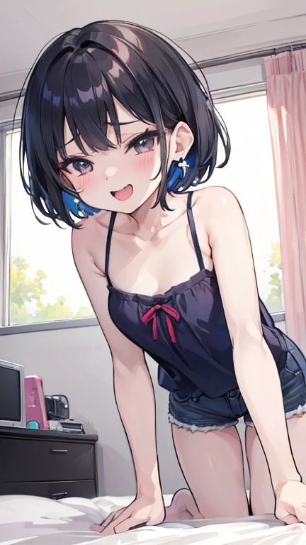 masterpiece, best quality, absurdres,
1girl, , sweating, blush, ,my room,camisole,navel, shorts,socks,looking viewer,smile,spoken heart,,(petite),small breasts,thigh,