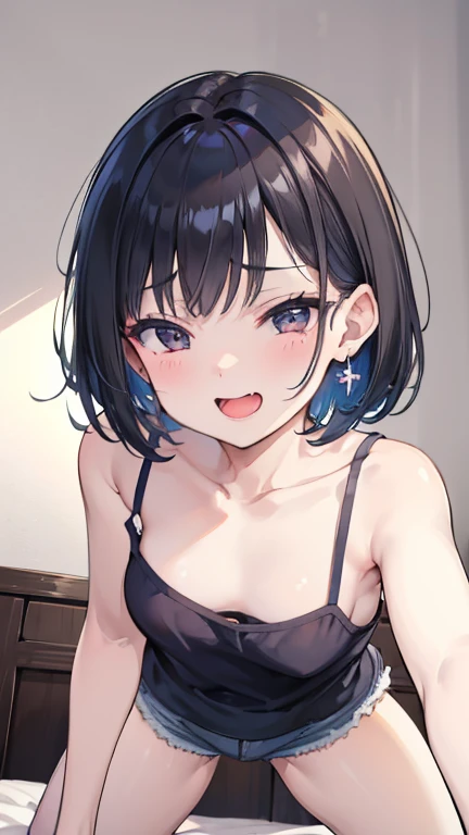 (best quality), (Super detailed), (Best Illustration), (masterpiece), score_9, score_8_up, score_7_up, (4k), nsfw, (1woman), (full nude), (large breasts), {brown hair, (sideburns), (bob cut:1.3), curly hair, hairs between eyes, colored inner hair}, {(detailed eyes), heart-shaped pupils, blue eyes}, parted lips, seductive smile, nose blush, earring, sweat,