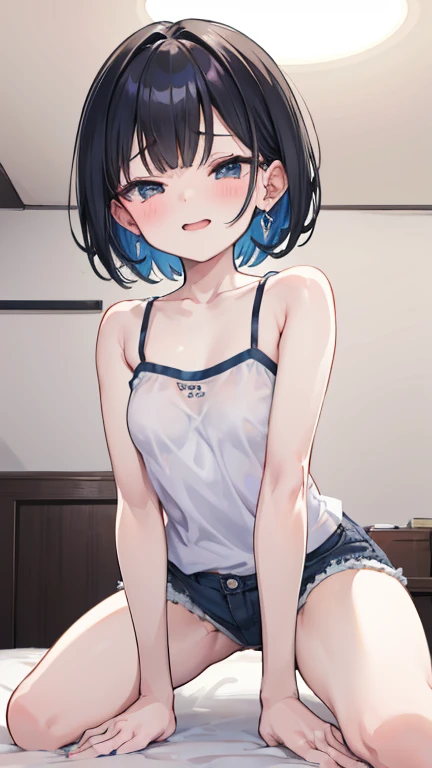 ((Shima Rin)), sunlight, Bun Head, from above, (blush, Sweat, shy), (T-Shirts), Raise one arm, armpit, Pink Panties, Detailed underwear depiction, Small breasts, pink nipple, Detailed breast depiction, cute girl, Her Room,  Detailed background depiction, Depiction of beautiful eyes