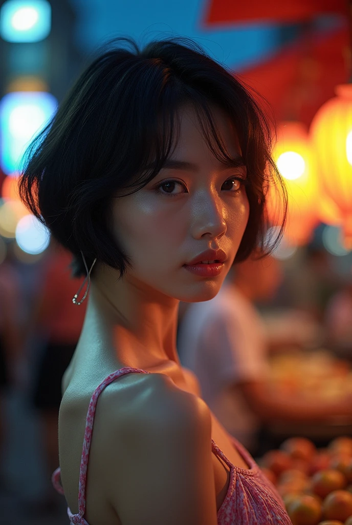 Masterpiece , Best Quality , Miranda, (Bust photo,the street lights,themoon),Masterpiece , 1girl, Solo exhibitions, Beautiful woman on a busy street , Surrounded by hawkers , Portrait of a beautiful goddess girl , Beautiful and detailed face, Porcelain skin, (((Bust photo, centre, the night, Black hair, short detailed hair )), Super soft lighting , 对称, 复杂, ellegance, High detail , Realism , Artistically, concept Artistically,