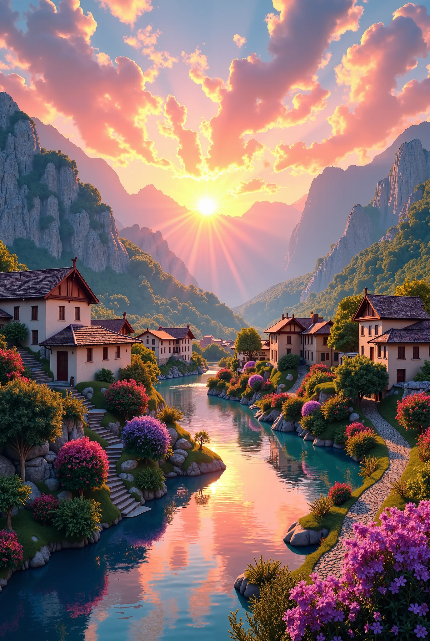 A small village on the river，The mountains are in the background，Flowers bloom，vibrant with colors，Detailed scenery，Beautiful natural landscape，Ambiance Lighting，Scorching sunset，a warm color palette，utility，photography，Delicate leaves，Complex architecture，Cobblestone streets，Charming Country Cottage，Swirls of bright colors，the lush vegetation，Still water reflections，picturesque，Leisure and tranquility，artwork of a，Best quality，in 8K，Extremely detailed，style of anime