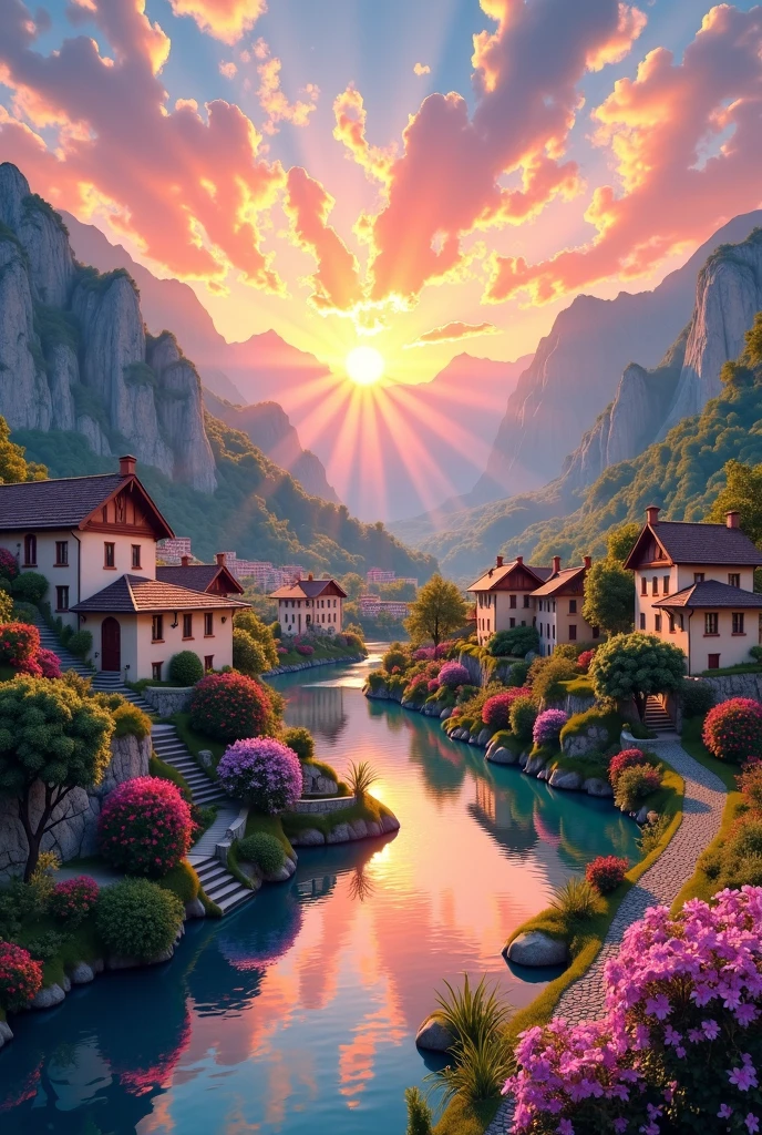 A small village on the river，The mountains are in the background，Flowers bloom，vibrant with colors，Detailed scenery，Beautiful natural landscape，Ambiance Lighting，Scorching sunset，a warm color palette，utility，photography，Delicate leaves，Complex architecture，Cobblestone streets，Charming Country Cottage，Swirls of bright colors，the lush vegetation，Still water reflections，picturesque，Leisure and tranquility，artwork of a，Best quality，in 8K，Extremely detailed，style of anime