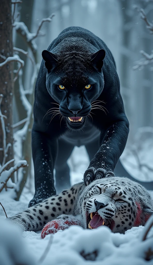 The black panther crushed the white leopard with blue eyes under his feet