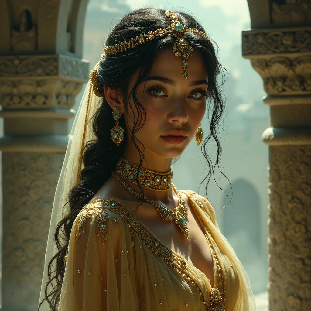 (( Practice :1.5)),(( masterpiece )),((detailed)),  A young and charming queen ,  The pieces of ,  Detailed green eyes ,  Transparent tulle fringed shawl ，detailed green eyes,  Persian dancer , nu,  Accumulate {x} Atmospheric fog {x} Atmospheric fog {x} Atmospheric fog {x} Atmospheric fog {x} The interior of her barbaric palace {x} Ancient barbaric city in the background {x} Precious stones and sparkling jewels,  Interior of the Barbarian Palace ,  Accumulate ,  detailed green eyes ,  Accumulate 'or s ' accumulate , Bright light on the face ,  Author ：Frank Frazetta, Luis Royo,  Author ：Boris Vallejo,
