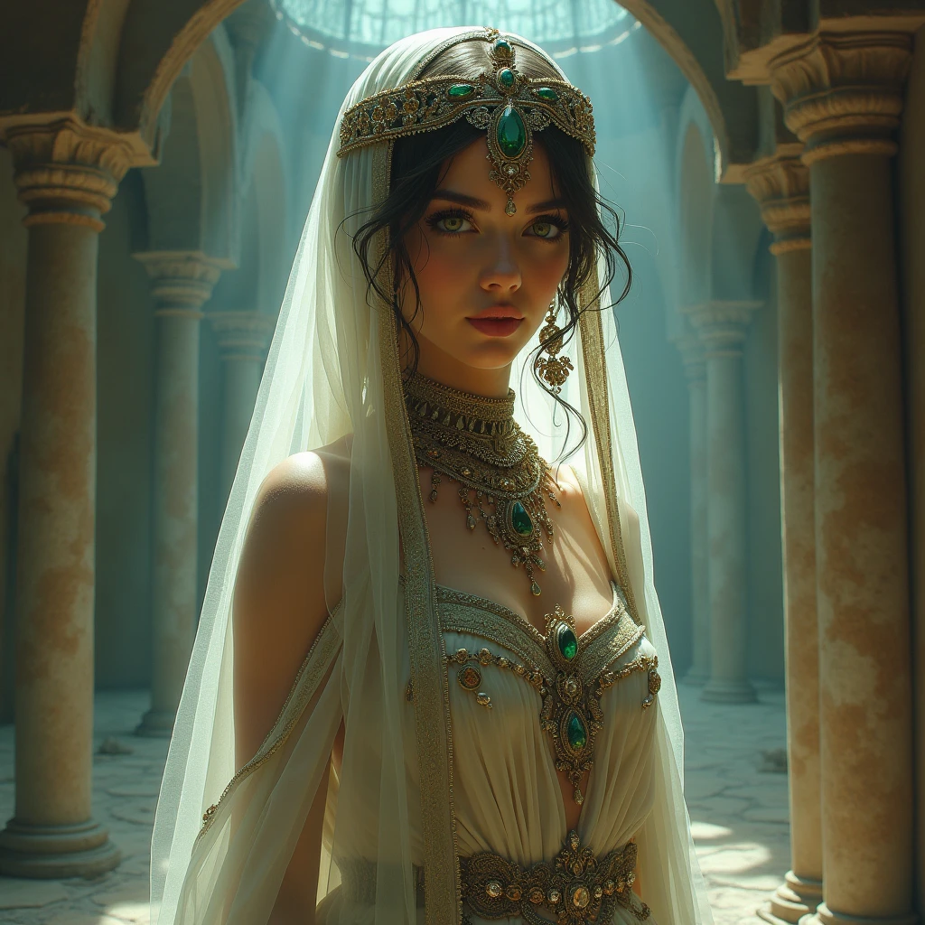 (( Practice :1.5)),(( masterpiece )),((detailed)),  A young and charming queen ,  The pieces of ,  Detailed green eyes ,  Transparent tulle fringed shawl ，detailed green eyes,  Persian dancer , nu,  Accumulate {x} Atmospheric fog {x} Atmospheric fog {x} Atmospheric fog {x} Atmospheric fog {x} The interior of her barbaric palace {x} Ancient barbaric city in the background {x} Precious stones and sparkling jewels,  Interior of the Barbarian Palace ,  Accumulate ,  detailed green eyes ,  Accumulate 'or s ' accumulate , Bright light on the face ,  Author ：Frank Frazetta, Luis Royo,  Author ：Boris Vallejo,
