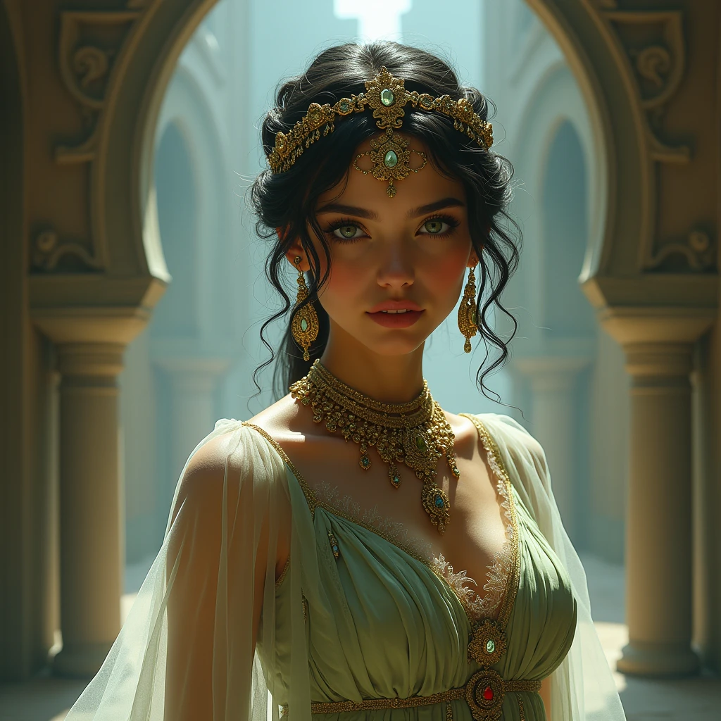 (( Practice :1.5)),(( masterpiece )),((detailed)),  A young and charming queen ,  The pieces of ,  Detailed green eyes ,  Transparent tulle fringed shawl ，detailed green eyes,  Persian dancer , nu,  Accumulate {x} Atmospheric fog {x} Atmospheric fog {x} Atmospheric fog {x} Atmospheric fog {x} The interior of her barbaric palace {x} Ancient barbaric city in the background {x} Precious stones and sparkling jewels,  Interior of the Barbarian Palace ,  Accumulate ,  detailed green eyes ,  Accumulate 'or s ' accumulate , Bright light on the face ,  Author ：Frank Frazetta, Luis Royo,  Author ：Boris Vallejo,
