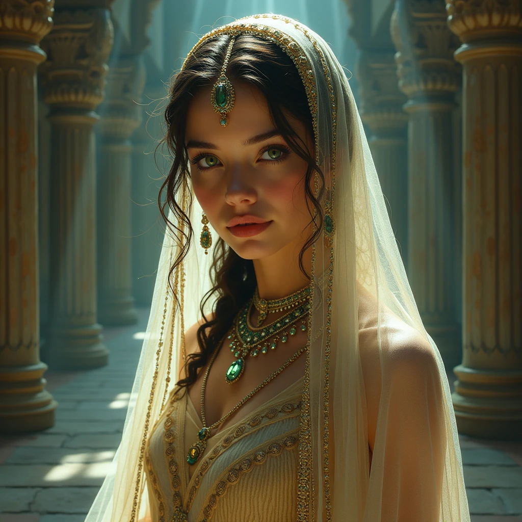 (( Practice :1.5)),(( masterpiece )),((detailed)),  A young and charming queen ,  The pieces of ,  Detailed green eyes ,  Transparent tulle fringed shawl ，detailed green eyes,  Persian dancer , nu,  Accumulate {x} Atmospheric fog {x} Atmospheric fog {x} Atmospheric fog {x} Atmospheric fog {x} The interior of her barbaric palace {x} Ancient barbaric city in the background {x} Precious stones and sparkling jewels,  Interior of the Barbarian Palace ,  Accumulate ,  detailed green eyes ,  Accumulate 'or s ' accumulate , Bright light on the face ,  Author ：Frank Frazetta, Luis Royo,  Author ：Boris Vallejo,
