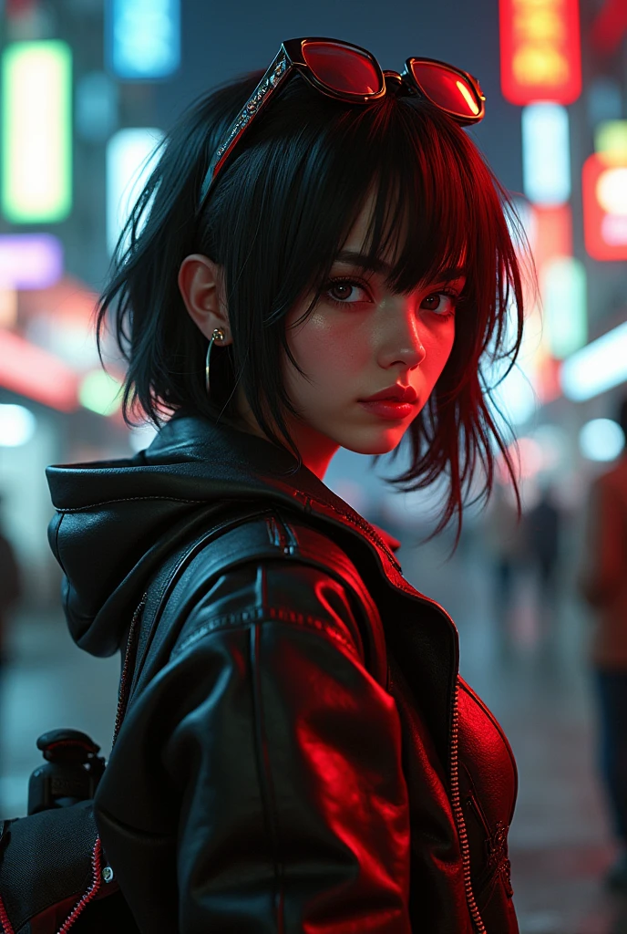 a close up of a person with a jacket and shorts on, cyberpunk art by Yoshihiko Wada, trending on cg society, serial art, urban girl fanart, modern cyberpunk anime, molly from neuromancer, cyberpunk anime girl, cyberpunk anime art, molly from the novel neuromancer, female cyberpunk anime girl, jet black haired cyberpunk girl, beautiful female neuromancer