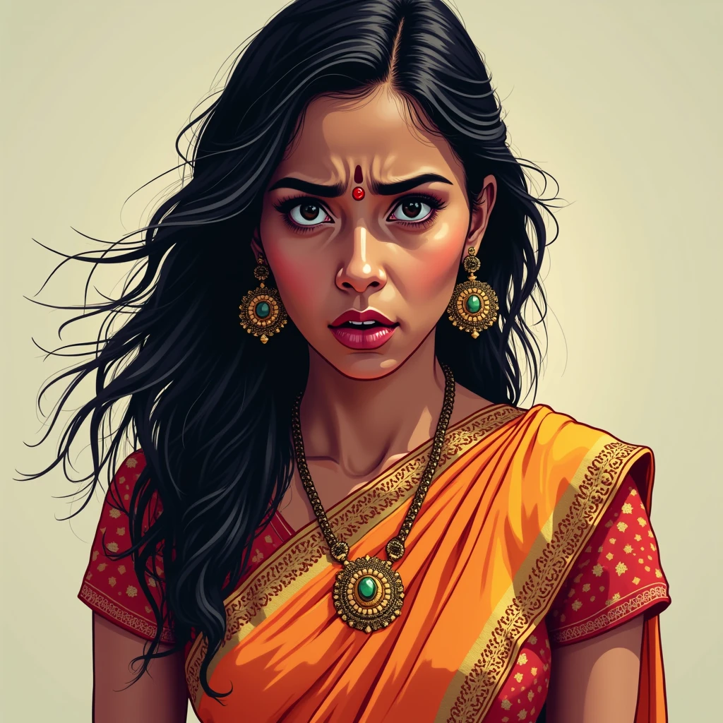 indian girl, Light brown head, Panic,, sketch artstyle, graycale, monochrome,