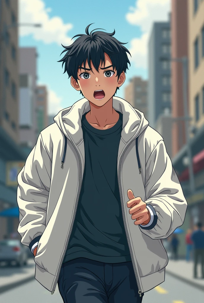  creates an image of a young man in a large white jacket, In the middle of a city with a panicked face running, with black hair,  beautiful eyes , must be drawn or illustrated ,  the boy must be drawn as an Asian 