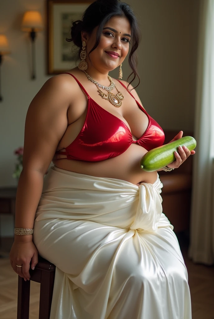 40 year old Married indian mom ,looking at the viewer, wearing shiny glossy and reflective finish polyester plus size ankle length transparent white silk leggings and transparent red bikkini ,red panties, big Fat ass, Voluptuous, wide hips,Big thighs, scooped Big breast, ,fat wide ass , thin curvy tummy, messy bun, lipstic, smiling face,strap high heels, Jewellery, sitting on a small stool, hlding a big cucumber in right hand,ornaments, white skin tone, clean skin, ( a guarter side view)