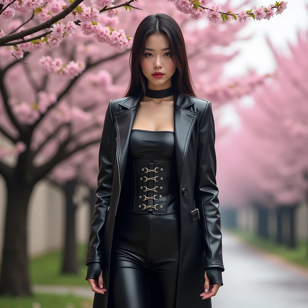 ((best quality, 8k,, Clear face focus :, Black leather suit, black leather suit, dark red tie, dark blue, white and dark black. ,) Long hair blows up in the wind.,) White tattoo 25 years.Big breasts bouncing and overflowing.,) perfect body beauty:1.4. In front of the camera. More intimate. clearer than this, There is an old, thatched hut.,) There are red flowers around.,) The sunlight shines in the evening.,) Full Body°, Highly detailed faces and textures, Detailed eyes, alone, Realistic photos:1.37 .. The fine texture of the tattooed skin.. hand tattoo. breasts tattoo , Shot with a high quality Fuji camera., Color light 45.,000,000 pixels ,)) Too realistic,)