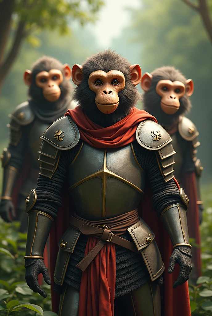 (The little monkey stands up like a man:1.5),(Full body photo),middle,1 Little Monkey Knight(monkeys,Armor,Small stature,emaciated),Stand on both legs,miracle,damaged armor,NOhumans,rays of moonlight,Fantastic brilliance,Destroy the castle,(globalillumination、Ray traching、hdr、The rendering is not realistic、Rational design、tmasterpiece、best qualtiy、hyper HD、cinmatic lighting)