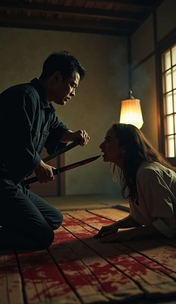 Two queen, two man, knife, blood, man kneel died, neck knife