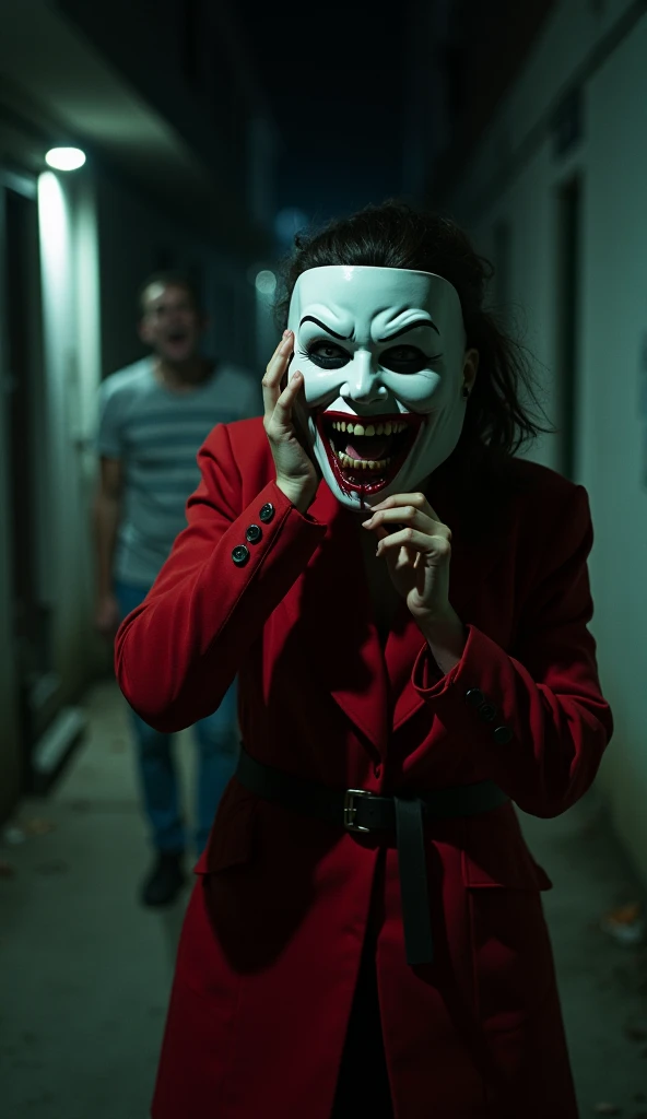 cinematic photo slit-mouthed woman, grotesquely wide smile cut ear-to-ear, haunting urban streets at night, mask covering the lower half of her face, sharp scissors glistening in the moonlight, sudden appearance in reflections, chilling questions with deadly consequences. Blending modern urban legends with traditional horror elements<lora:Horror_ghost:1>, . 35mm photograph, film, bokeh, professional, 4k, highly detailed