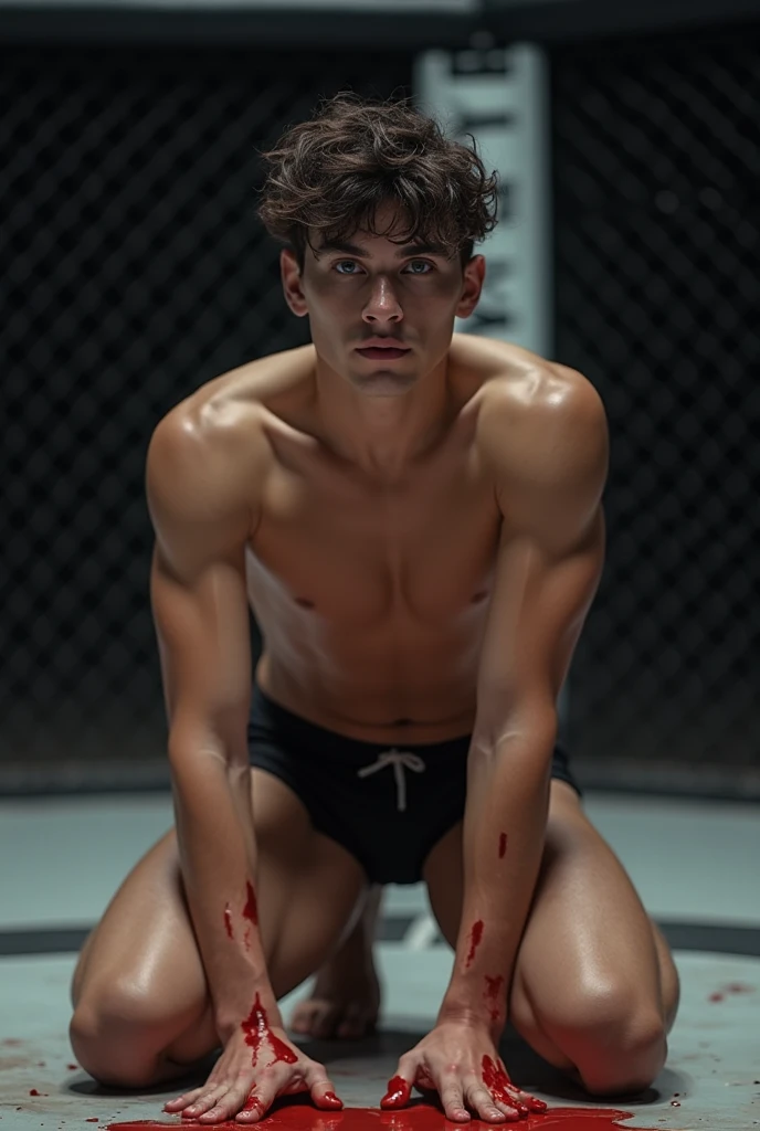 A young man in wet basketball shorts screams while chained up in a torture chamber