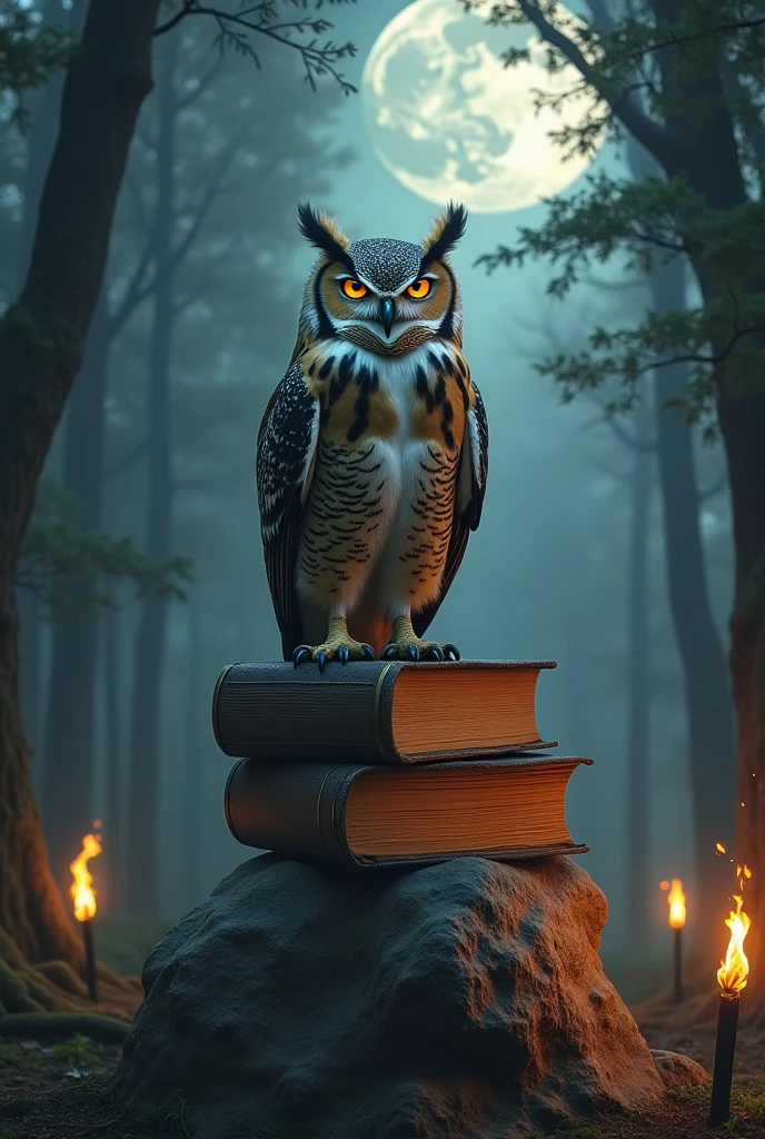 An Owl standing on top of a book. The Book is on a rock , in the middle of a forest at night. The night is very dark , illuminated by the full Moon and fiery torches of the Owl's followers.