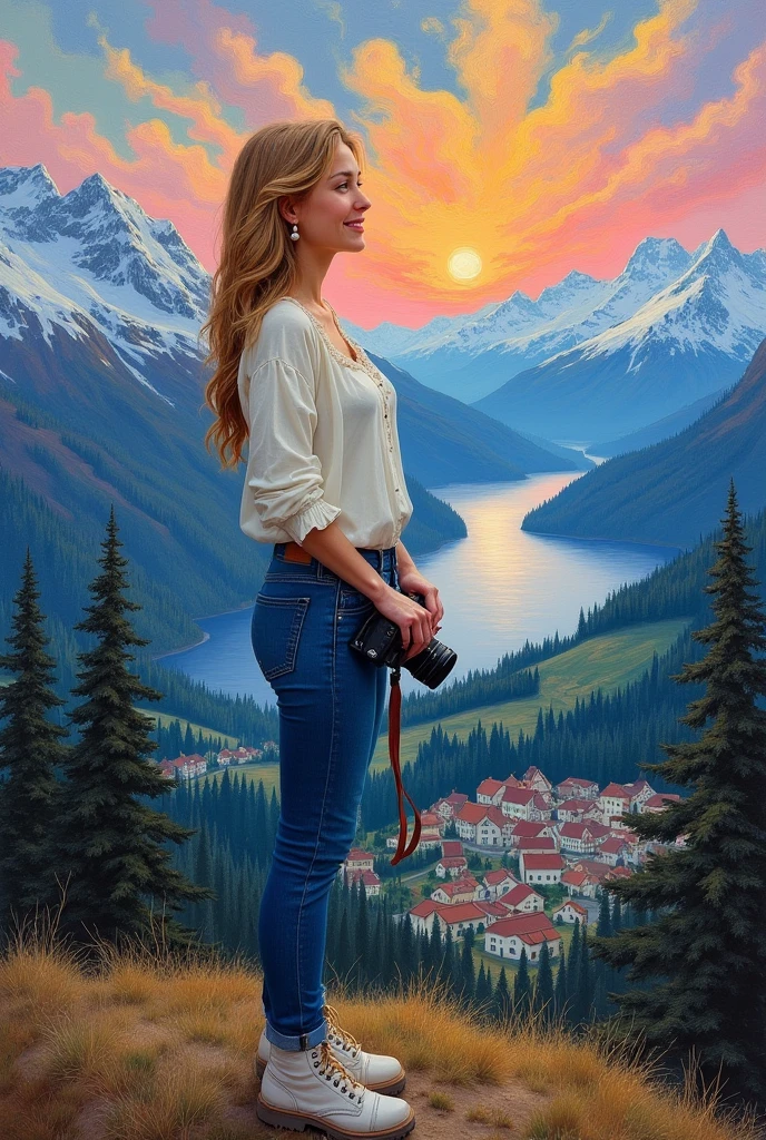 Beautiful woman short hair wearing sunglasses, white shirt and jeans, standing in front of green lake, colorful flowers, colorful maple trees and snowy mountains, orange sky in the evening, autumn atmosphere