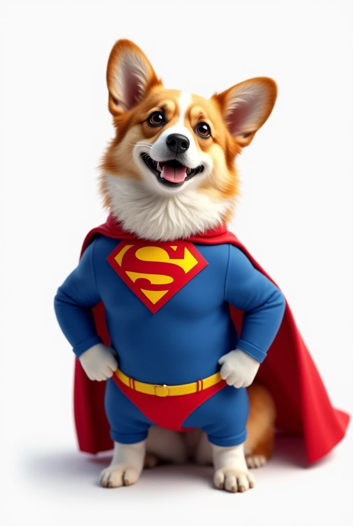 a corgi dog disguised as Superman with a white background