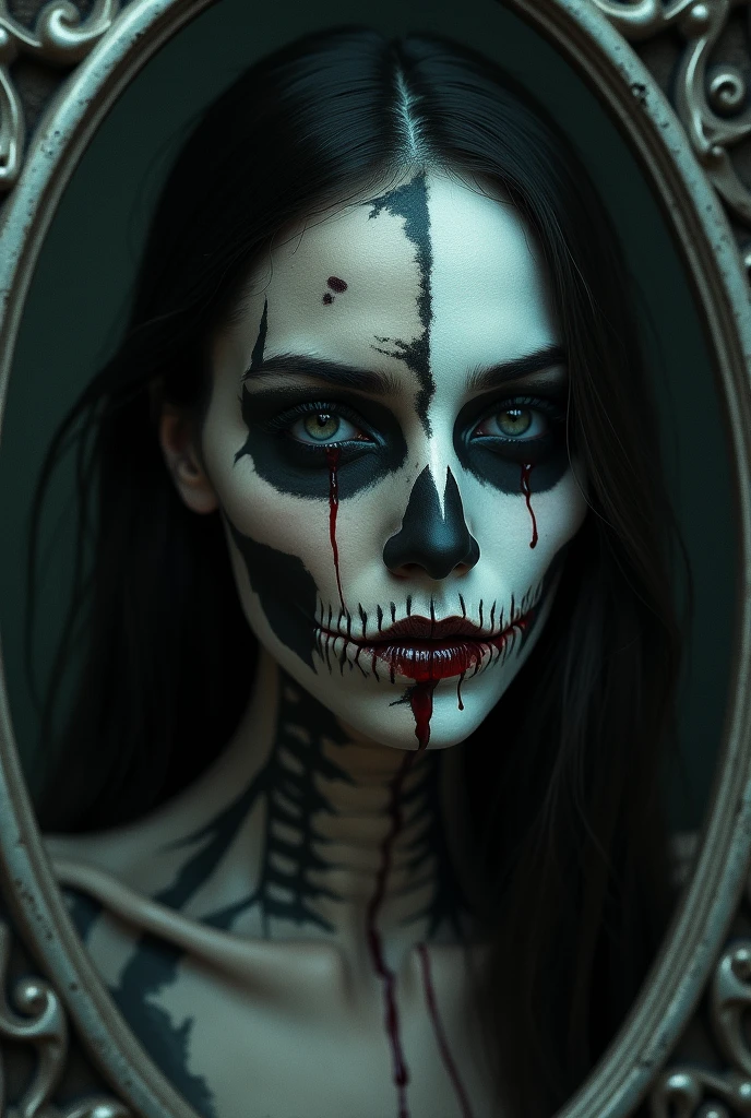 Horror female portrait half face skeleton beautiful woman gothic makeup, blood dripping out of eyes and mouth, mirror, beautiful woman trapped in mirror,