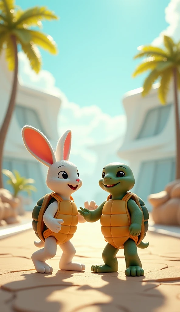 (((Cartoon Character 1.3))),(((Wear a Nike T-shirt,A super cute rabbit standing on the back of a turtle))),((A rabbit with a large gold medal around its neck stands on the back of a green turtle)),Wears a spotted vest on the top,Denim shorts on the bottom,Naughty expression,HD Real,Black eyes,Flying figure,HD picture,Sony SLR lens,Shoot at medium distance,Soft lighting,