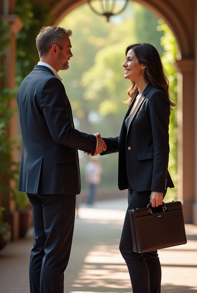 a young man in suits businessman and young woman shaking hands , greetings , hyperrealist