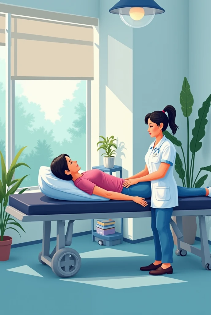 Clip art of a physical therapist treating a person lying on a stretcher 