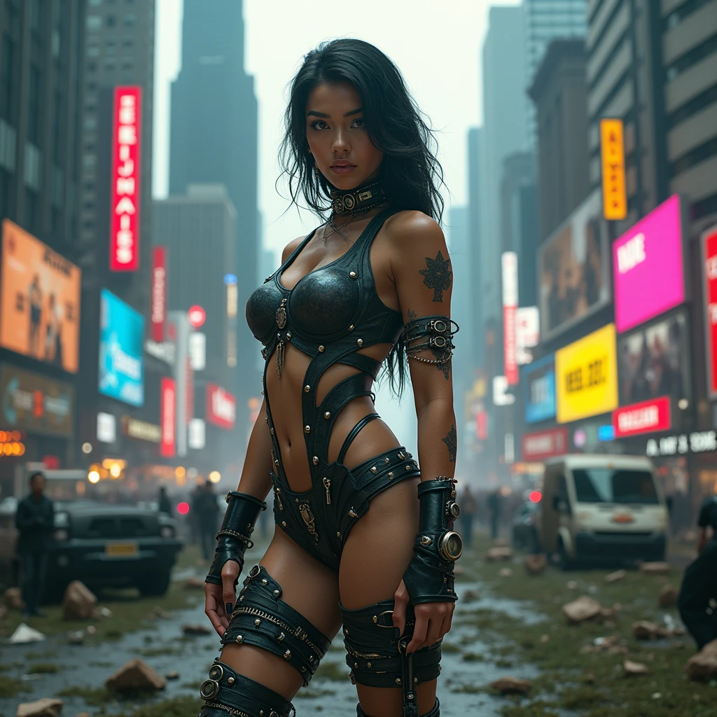 dark cyberpunk city ruins, Beautiful Asian cyberpunk woman with dark cleopatra style eyeliner and under eye makeup, wearing a cyberpunk thong bikini combat boots and equipment belt
