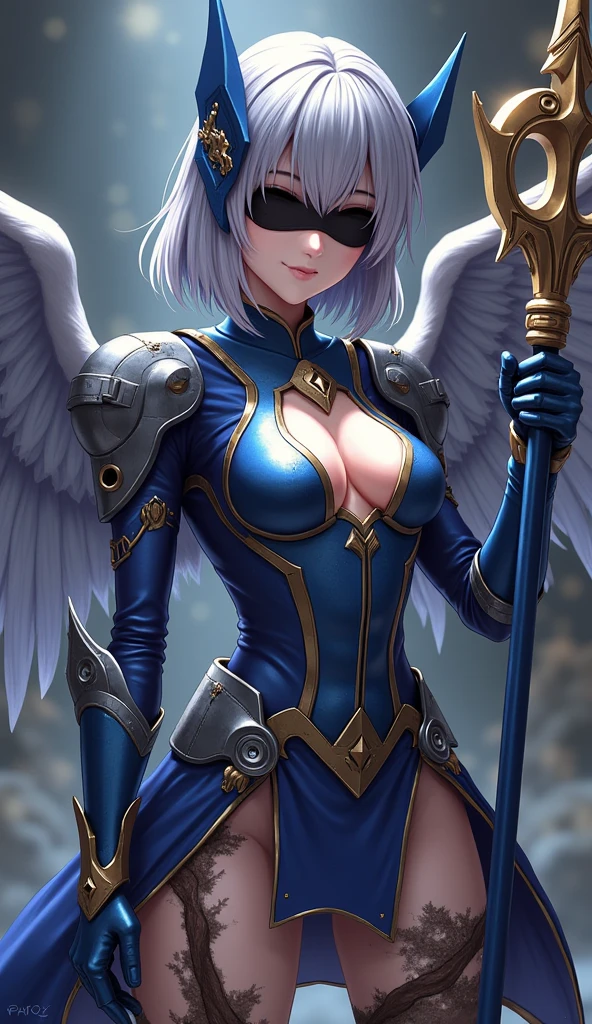 (Lenneth;2B), (merge characters "2B" and "Lenneth":1.37), solo, 1girl, BREAK: hip-length silver hair in a loose braid, (full body armor), ((gold trimmed sapphire blue mechanical armor)), (boob window:1.27), armored midriff, (blue plate armor helmet), black blindfold covering eyes under helmet, armored (thigh cutouts), ((long tattered loin skirt)), armored flat-heeled boots, gold and silver wings, BREAK: in fighting poses, holding spear (glows with runes:1.32), light smile, BREAK: deep dungeon interior setting, BREAK: beautiful lips, gorgeous pale skin, best hands, insanely detailed, photorealistic masterpiece, best quality, sharp background details