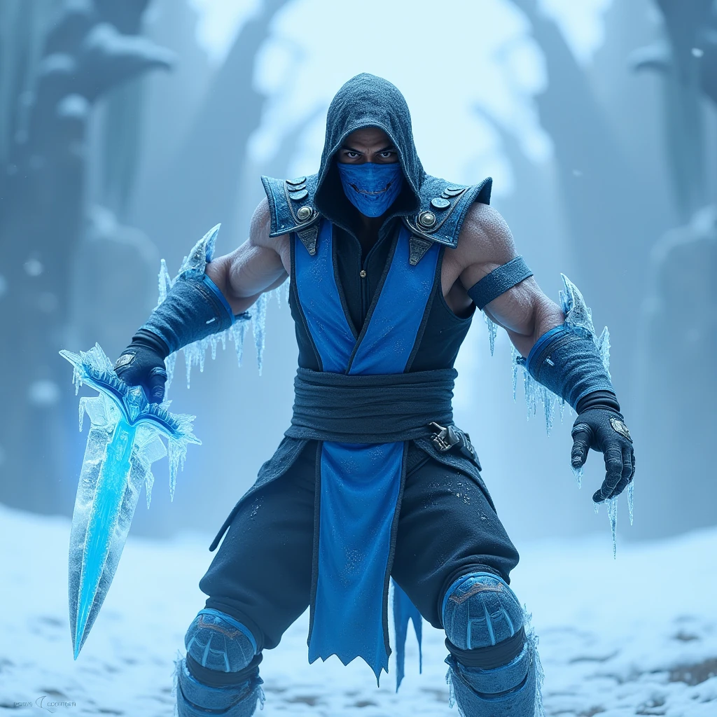 create an image of mortal kombat character Sub-Zero: A cold-blooded warrior in blue and black armor with ice crystals forming on his arms. He wields an ice blade, standing in a frozen battlefield with sharp icicles and a chilling fog in the air.