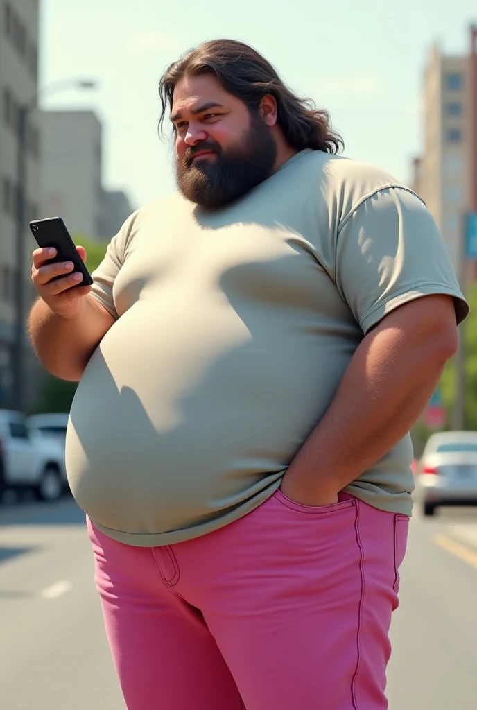 Create a fat, hairy old man in underwear watching a woman in panties on his cell phone