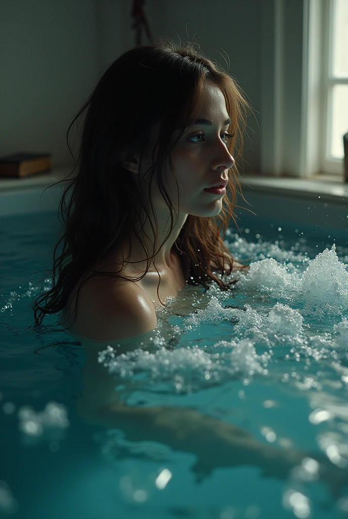 Nude woman in a dish tank, under water,