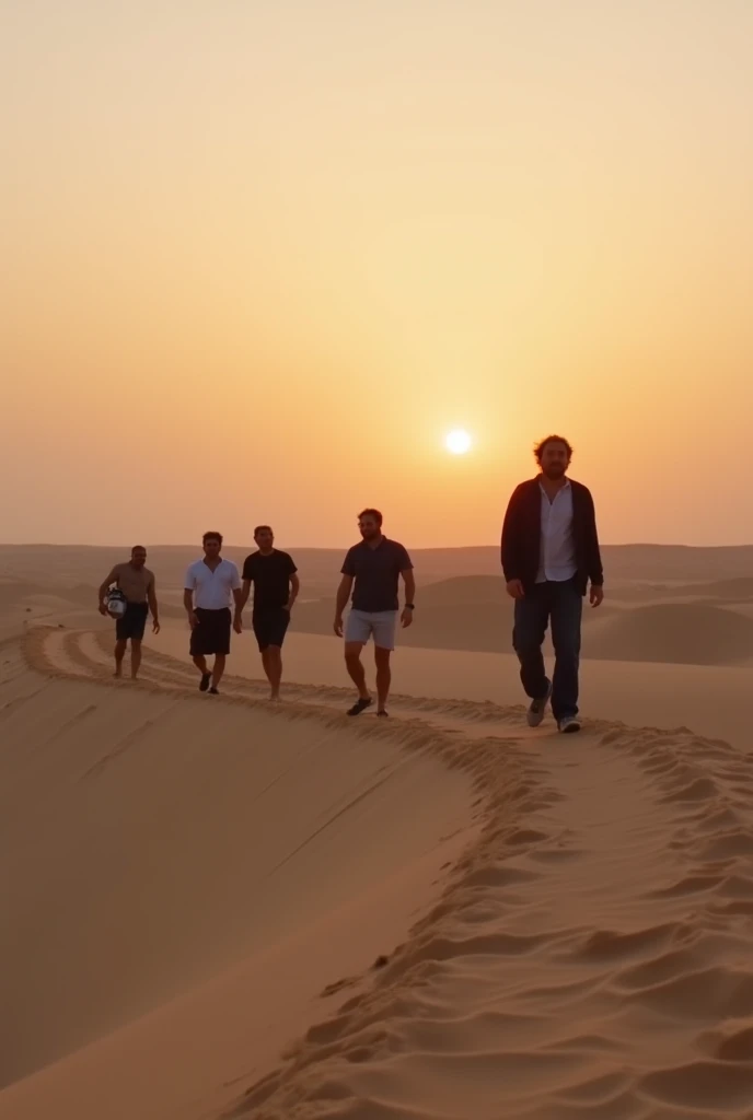 plusieurs hommes sont assis sur une dune de sable in the desert, in the desert à côté du golfe, In the desert , sur une dune, dunes in the background , sur une photo de groupe, sur le sable, pendant le coucher du soleil, photo prise en 2 0 2 0, in the middle of the desert , in the desert, photo candide, Debout in the desert, debout dans le sable