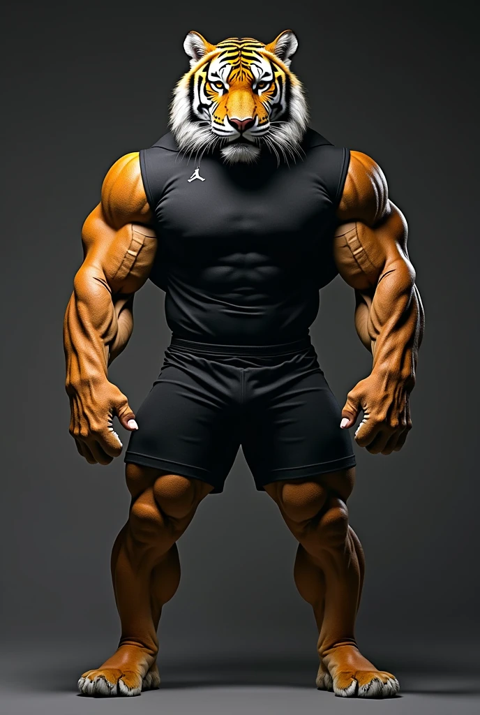 Anthropomorphic male tiger wearing transparent plastic shorts