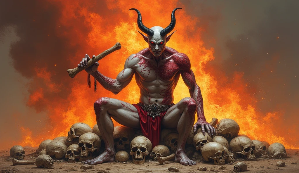 "A powerful and symbolic scene showing the devil defeated. The devil is in a subjugated position, defeated and fallen, with an expression of frustration and defeat. The surrounding scenery is dramatic and intense, with a combination of dark colors and extinguished flames to emphasize the end of its power. There may be symbols of your defeat, like chains, ruins or signs that its influence has been broken. No fundo, there may be a radiant light or glow that symbolizes the victory of good over evil. The image should convey a sense of triumph and resolution., highlighting the definitive defeat of the devil."
