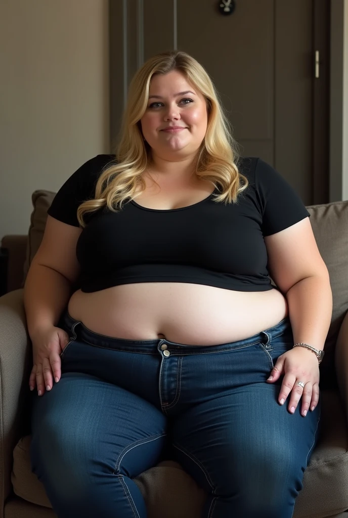A sidewiev shy photo of a young happy cute smart redhead bbw with long single-braided hair soft fat belly, cute double-chin, fat soft belly, thick fat wide legs and fat arms, cute pretty face, small breasts, blue eyes, freckles, in a warm covering sweather tucked in her pants and long pants, sitting on a chair at a table in a cozy library, reading a lot of books, looking shy in the camera