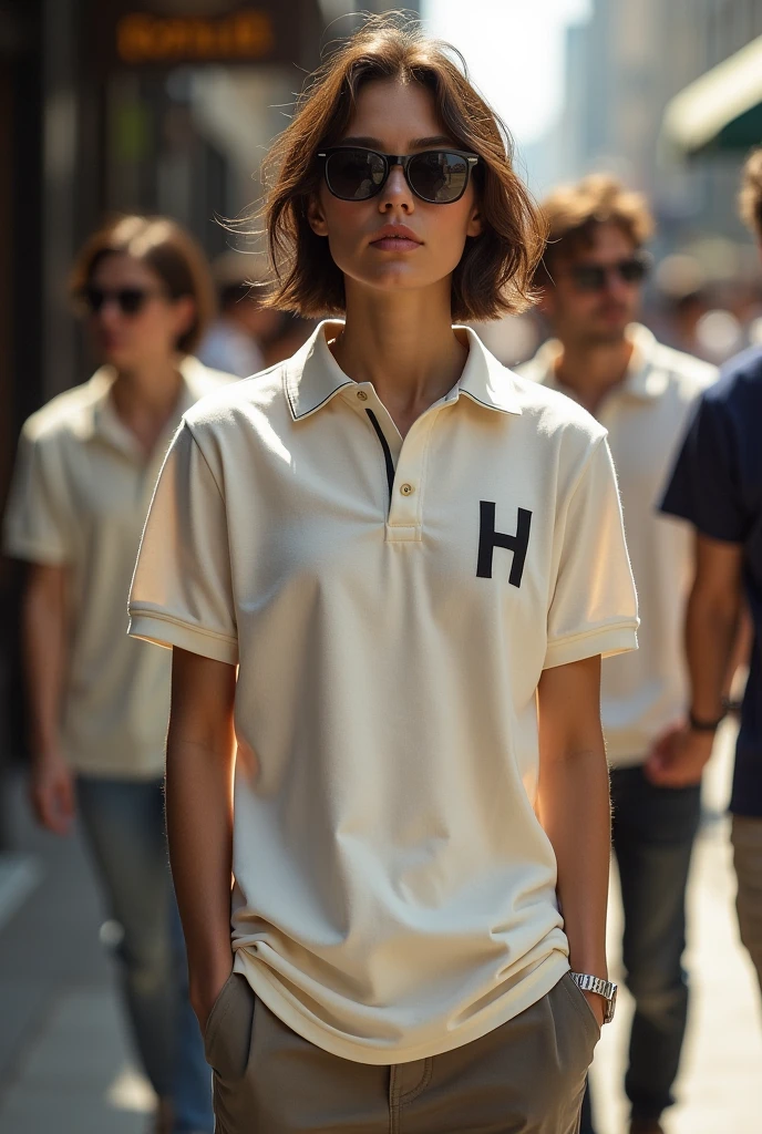 1girl wearing blue polo shirt, khaki pants, light blue vest, makeup, beautiful, walking down a runway <lora:add_detail:0.5> <lora:boldline:0.2>
