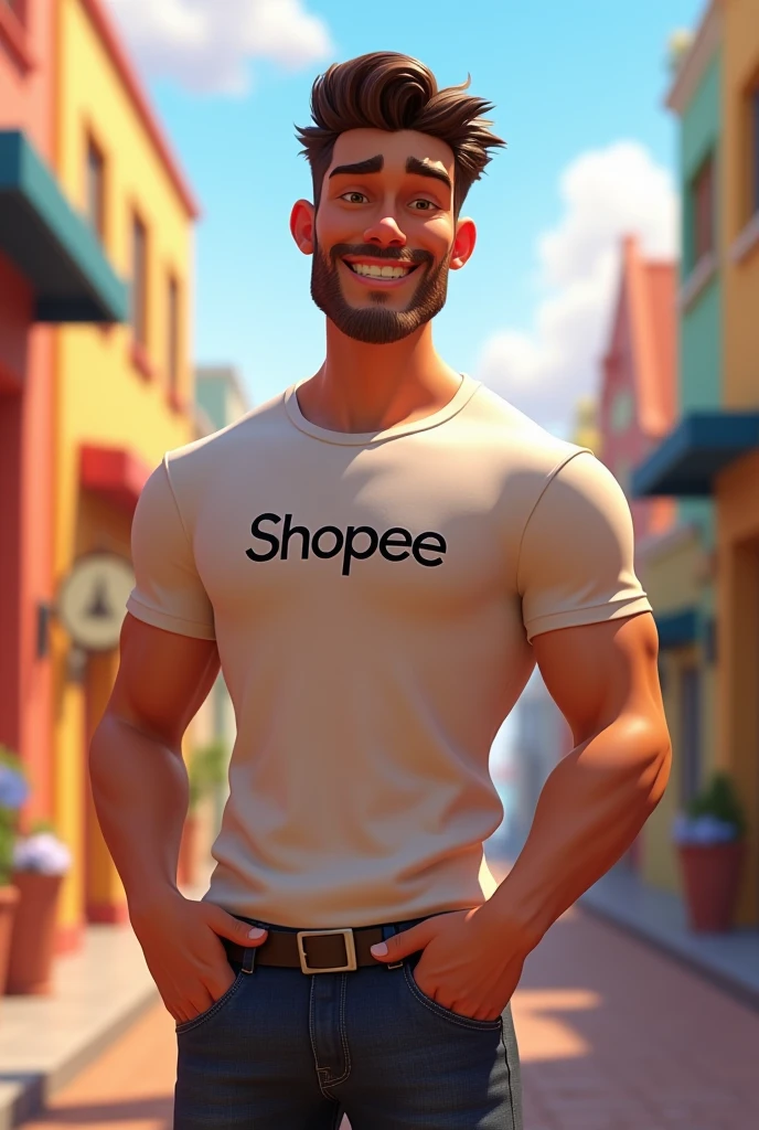 Create Disney Pixar-style images of a 35-year-old man , White , brand clothing fully dressed with .Clothes with the word SHOPEE written on the t-shirt